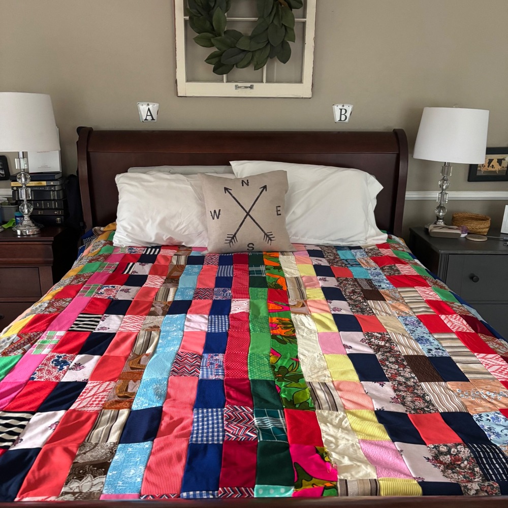 VTG 70s Polyester Patchwork Quilt Topper Rare Scrappy Strip Boho Hippie  72x111